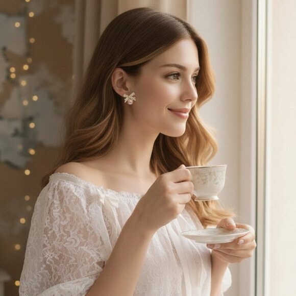 Coquette Pink Pearl Bow Earrings Gold Crystal Ribbon Studs Dainty Balletcore - Picture 11 of 14